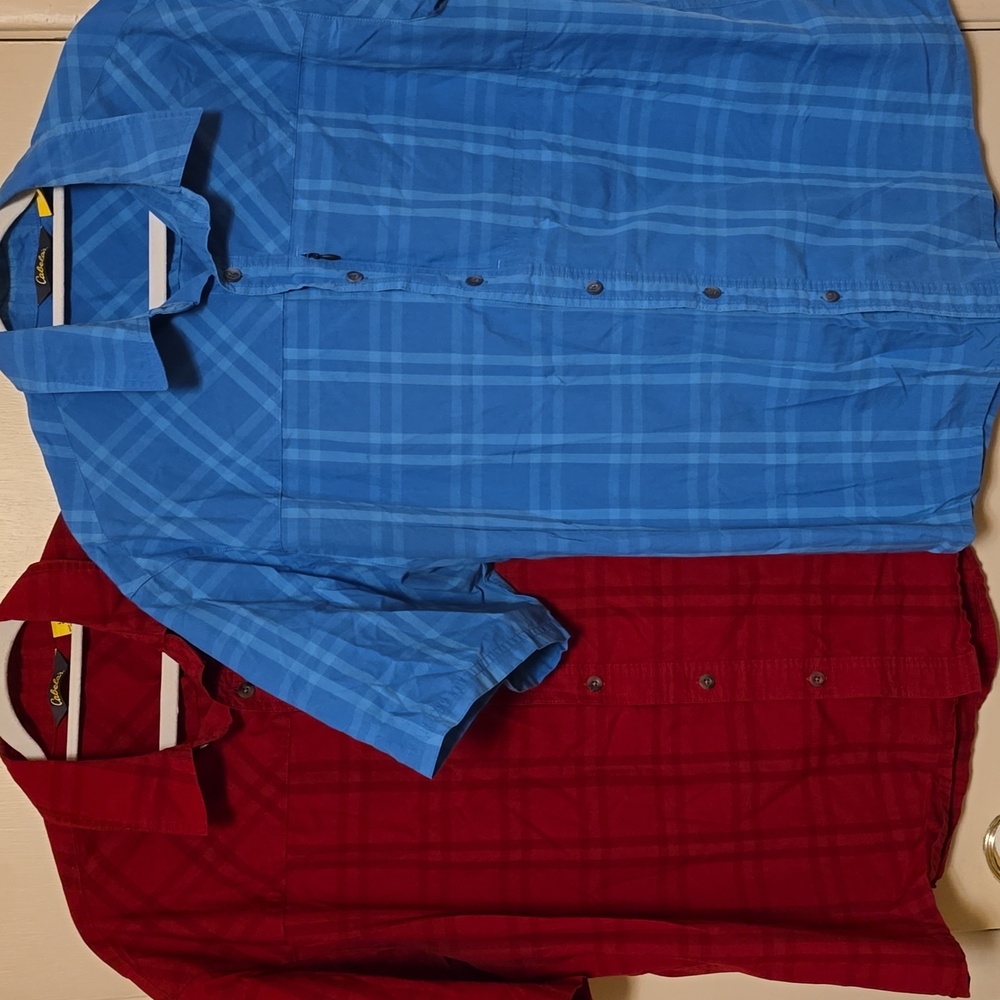 2 Cabela’s Guidewear Shirts Red/Blue Short Sleeve Button-down Outdoor Large Men